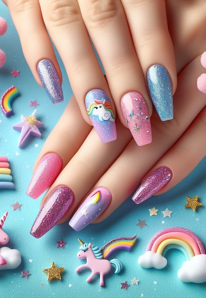 Glitter galore! Sparkle like a magical creature with dazzling glitter accents incorporated into your unicorn and rainbow nail art designs. ✨