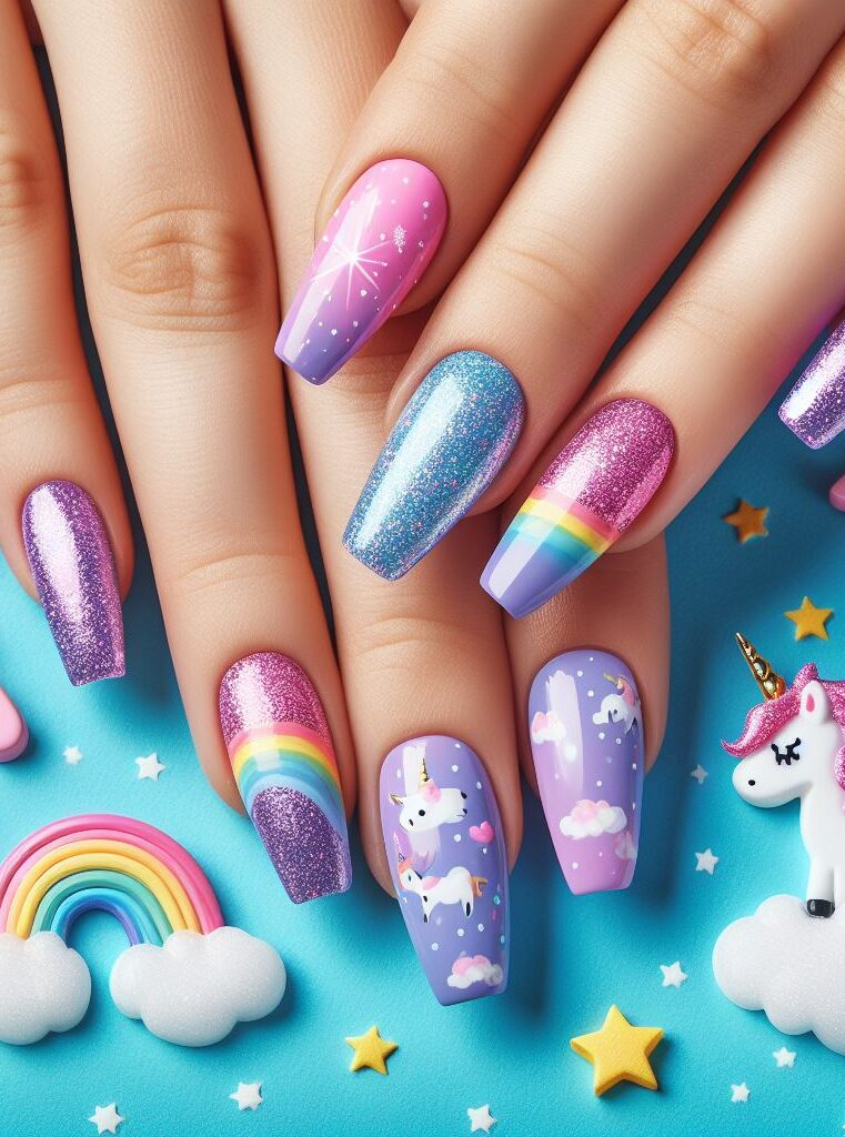 Mismatched masterpiece! Don't be afraid to mix and match! Create a playful and personalized look with different unicorn and rainbow elements on each nail.