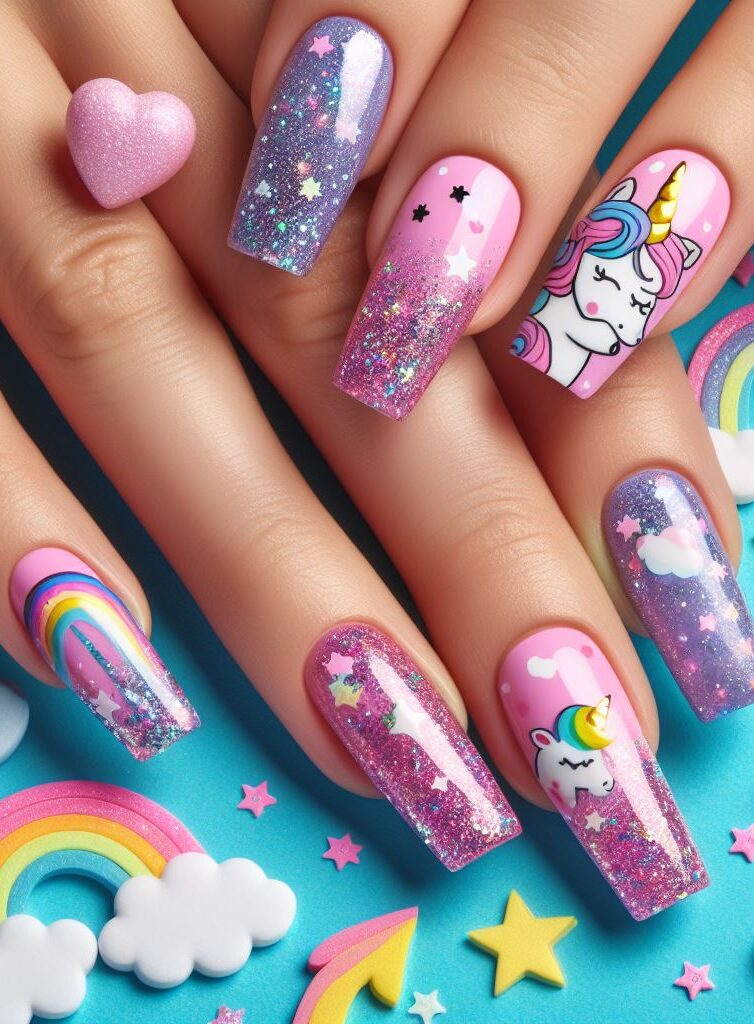¡Capacidad de acuarela! Capture la belleza etérea de los unicornios con un suave arte de uñas en acuarela que presenta delicados lavados de arcoíris y divertidas siluetas de unicornios.