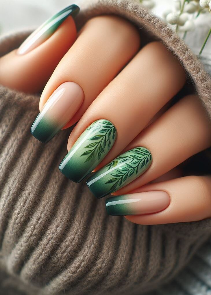 Ditch the boring mani! Dark to light green ombre nails are a unique and eye-catching choice for nature lovers.