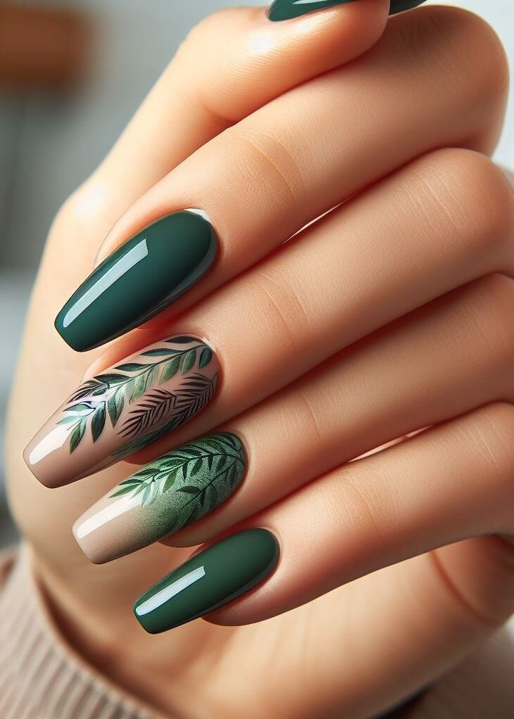 Bring the forest to your fingertips! Dark to light green gradient nails capture the beauty of lush foliage.