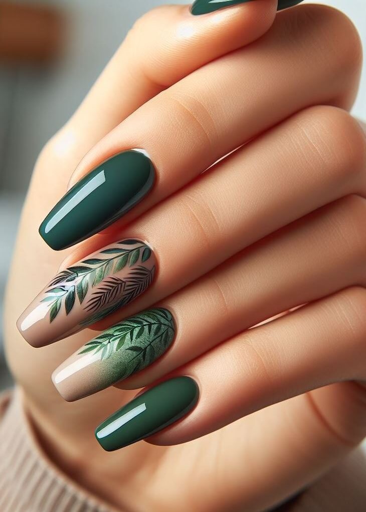 ¡Trae el bosque a tu alcance! Las uñas degradadas de color verde oscuro a claro capturan la belleza del follaje exuberante.