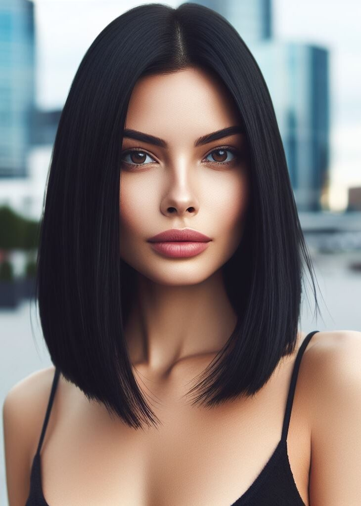 Sleek and sophisticated! A jet black color and a sleek straight cut elevate your medium hair to a whole new level of polish. #mediumhairstyle #jetblackhair #pocoko