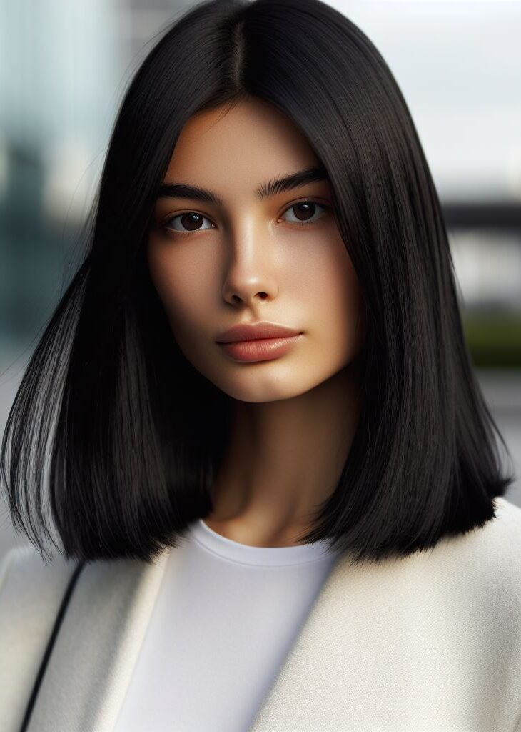 Shine bright like a diamond! Jet black hair in a sleek, straight cut adds instant shine and dimension to your medium hair. #mediumhairstyle #sleekhair #pocoko