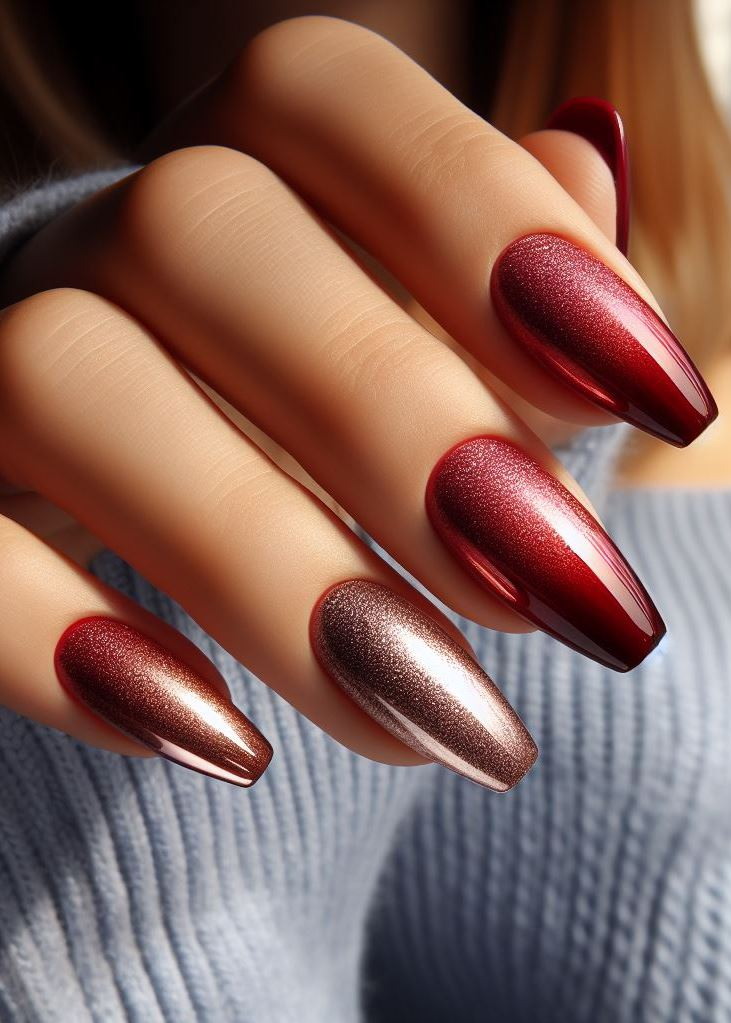 Red hot and ready to slay! Red to burgundy ombre nails with metallic accents ooze glamour and sophistication.