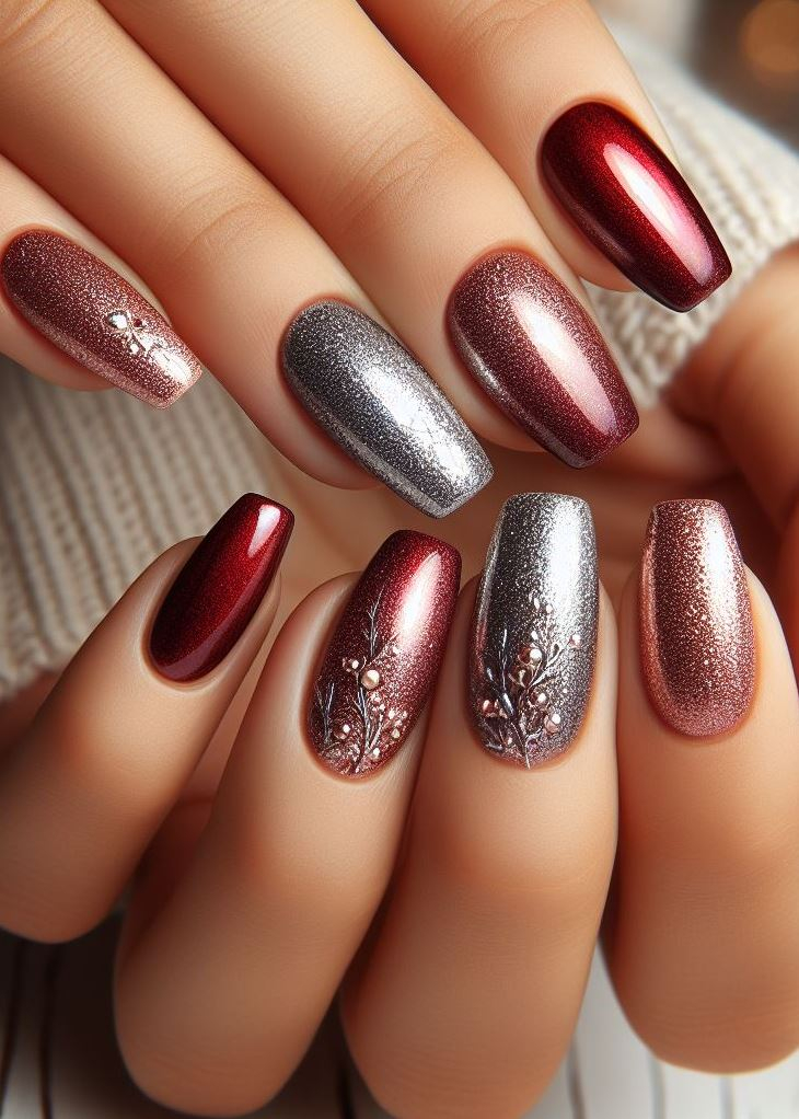 Don't just be bold, be bolder! Red to burgundy ombre with metallic accents is a show-stopping statement manicure.