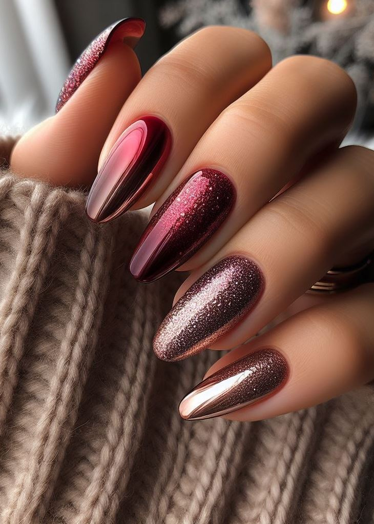 Ombre magic! 🪄 This fiery red to burgundy blend creates a stunning gradient elevated by metallic accents.