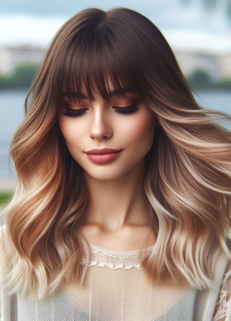 Curtain Bangs: Your Effortless Guide to 55 Stunning Styles! | Pocoko Dive into the mesmerizing waves of this enchanting hairstyle featuring Curtain Bangs on long brown hair cascading into stunning blonde ombre waves. Effortlessly blending warmth and radiance, this look captures the essence of modern elegance. Ride the wave of sophistication with #CurtainBangs #OmbreHair #WavyHair #POCOKO