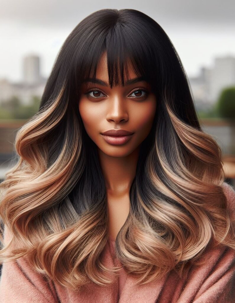 Curtain Bangs: Your Effortless Guide to 55 Stunning Styles! | Pocoko Elevate your style with Curtain Bangs on long black hair, cascading into blonde ombre waves. This striking and versatile hairstyle combines bold contrast with subtle elegance for a modern look. #CurtainBangs #OmbreHair #WavyHair #POCOKO