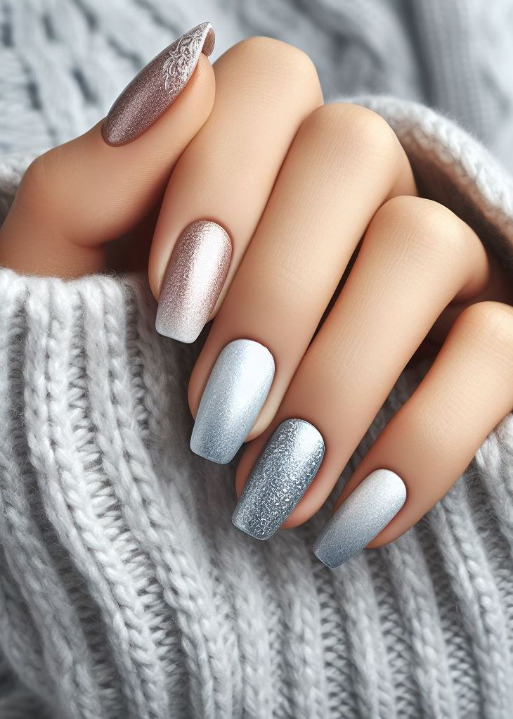 Winter wonderland on your fingertips! Silver to white gradient nails capture the beauty of a frosty landscape. ❄️