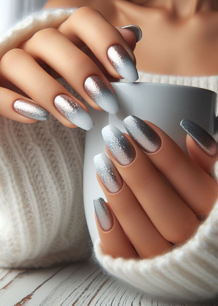 Canaliza la magia del invierno con uñas brillantes en degradado de plateado a blanco. Un toque de elegancia helada para tu mani.