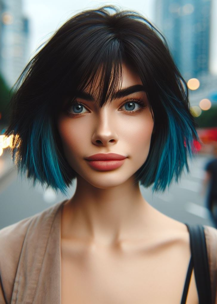Electric edge! Channel your inner rockstar with a shaggy haircut and electric blue highlights on medium hair. #shaggyhair #bluehair #pocoko #mediumhair