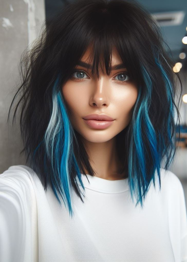 Bold & beautiful! Medium shag haircut meets electric blue highlights for a statement-making hairstyle. #shaggyhair #bluehighlights #pocoko #mediumhair