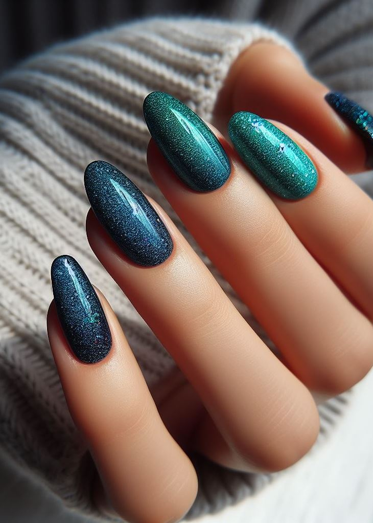 Ocean vibes all year round! This teal to navy ombre with glitter adds a touch of sparkle to your fingertips.
