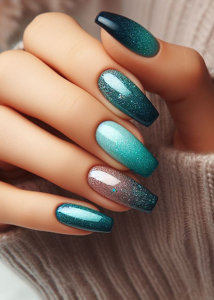 Feeling like a mermaid? Rock teal to navy blue ombre nails with holographic glitter for a touch of undersea magic. ‍♀️