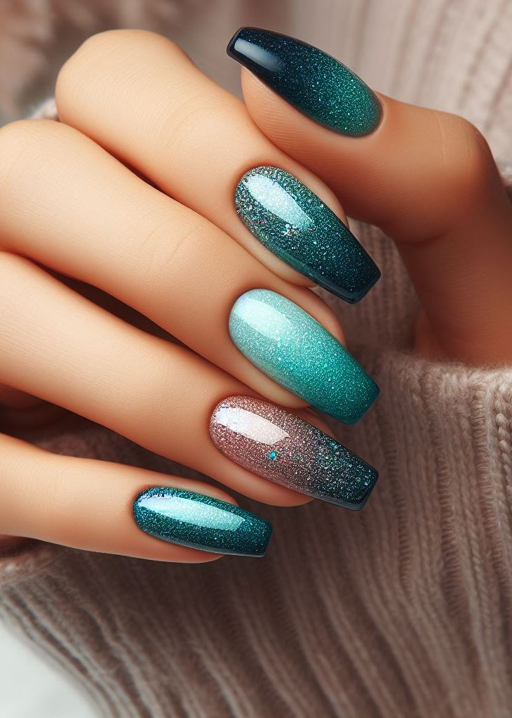 ¿Te sientes como una sirena? Luce uñas sombrías de color verde azulado a azul marino con brillo holográfico para darle un toque de magia submarina. ‍♀️