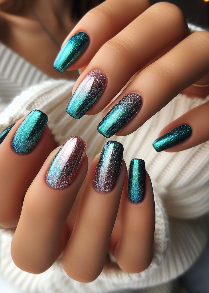 Escape the ordinary with a mesmerizing teal to navy ombre and holographic glitter! These captivating colors steal the show.