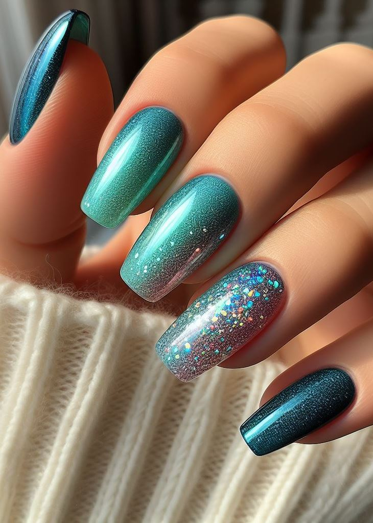 Ombre magic! 🪄 This teal to navy blend with holographic glitter creates a stunning gradient that mimics a shimmering ocean.