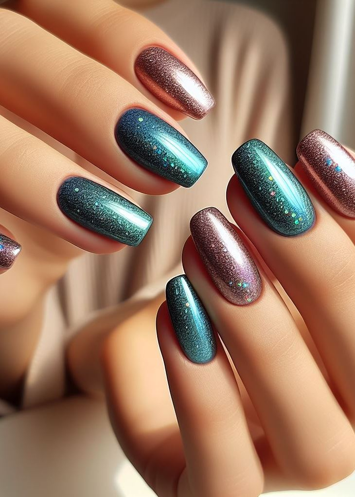 Ditch the boring mani! Teal to navy blue ombre with holographic glitter adds a playful touch of sparkle to your nails.