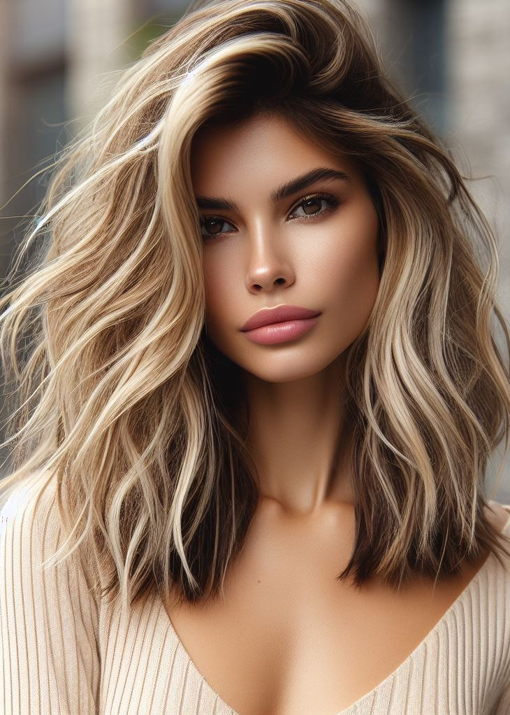 Messy hair, don't care! Embrace the effortless cool of tousled bedhead hair with sun-kissed sandy blonde highlights on medium hair. #bedheadhair #highlights #pocoko #mediumhair