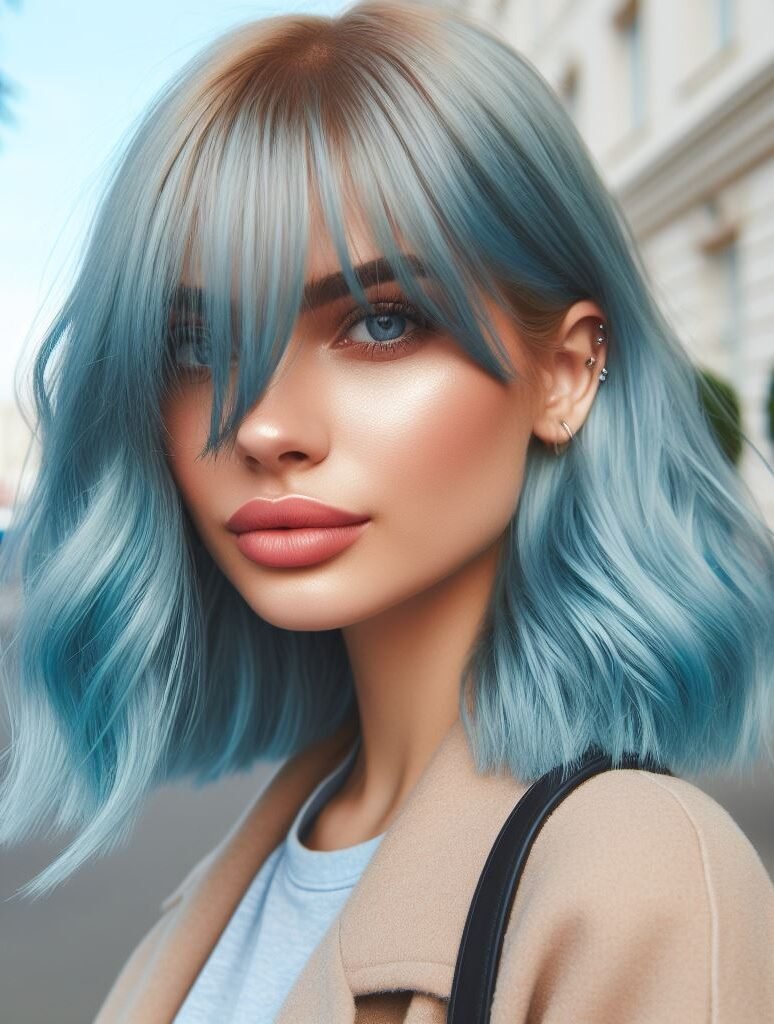 Curtain Bangs: Your Effortless Guide to 55 Stunning Styles! | Pocoko Dive into a world of whimsy with Curtain Bangs framing medium-length baby blue wavy locks. This enchanting hairstyle radiates a soft, ethereal charm, perfect for those who love to express their unique style. Embrace the magic of individuality with #CurtainBangs #BabyBlueHair #WavyHair #POCOKO