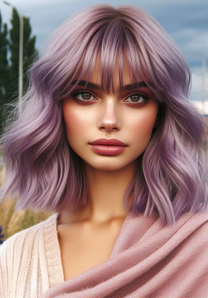 Curtain Bangs: Your Effortless Guide to 55 Stunning Styles! | Pocoko Dive into a world of enchantment with Curtain Bangs framing medium-length lilac wavy locks. This ethereal hairstyle exudes a delicate yet captivating charm, perfect for those who love to express their unique style. Embrace the magic of individuality with #CurtainBangs #LilacHair #WavyHair #POCOKO