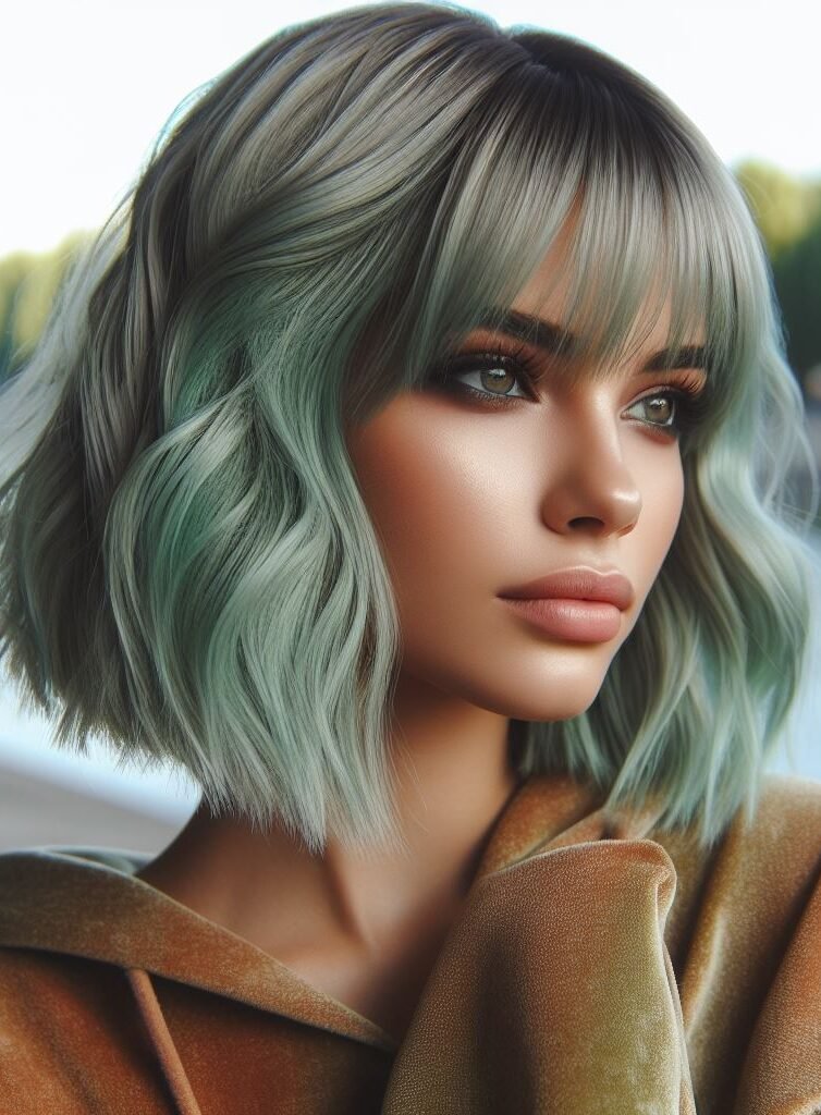 Curtain Bangs: Your Effortless Guide to 55 Stunning Styles! | Pocoko Dive into a world of refreshing style with Curtain Bangs framing medium-length mint green wavy locks. This unique and vibrant hairstyle exudes a playful yet chic vibe, perfect for those who love to stand out. Embrace your individuality with #CurtainBangs #MintGreenHair #WavyHair #POCOKO
