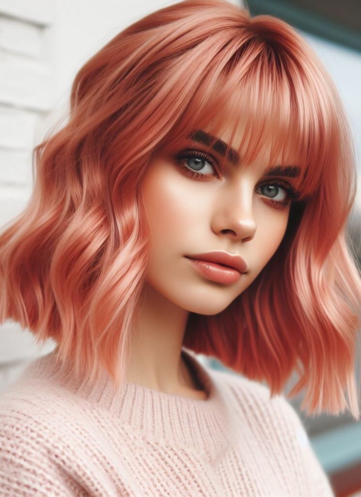 Curtain Bangs: Your Effortless Guide to 55 Stunning Styles! | Pocoko Dive into a realm of elegance with Curtain Bangs complementing medium-length peach wavy locks. This sophisticated hairstyle exudes a soft, romantic allure, perfect for those seeking a touch of whimsy. Embrace your unique style with #CurtainBangs #PeachHair #WavyHair #POCOKO