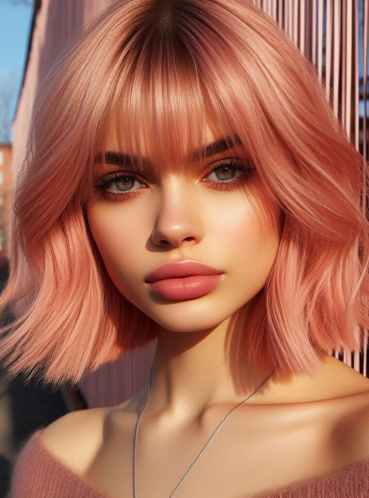 Curtain Bangs: Your Effortless Guide to 55 Stunning Styles! | Pocoko Dive into a world of glamour with Curtain Bangs complementing medium-length rose gold colored wavy locks. This stunning hairstyle exudes sophistication and trendiness, perfect for those who love to make a statement. Embrace your unique style with #CurtainBangs #RoseGoldHair #WavyHair #POCOKO