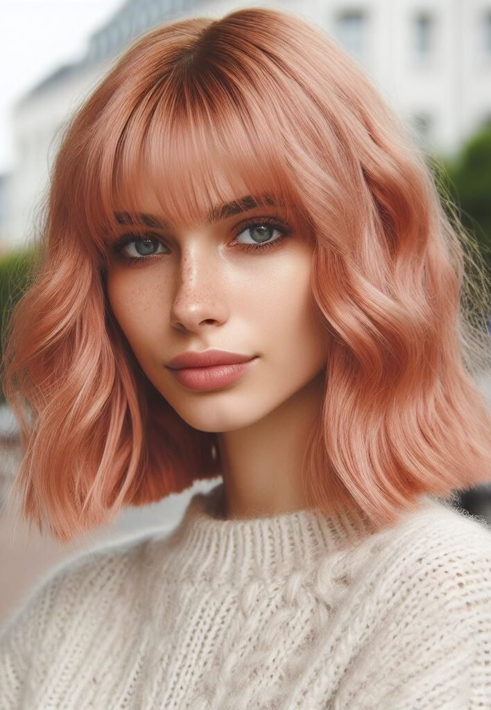 Curtain Bangs: Your Effortless Guide to 55 Stunning Styles! | Pocoko Indulge in sophistication with Curtain Bangs framing medium-length peach wavy hair. This elegant hairstyle emanates a romantic charm, perfect for those desiring a whimsical touch. Embrace your individuality with #CurtainBangs #PeachHair #WavyHair #POCOKO