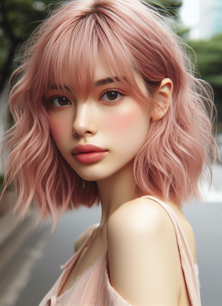 Curtain Bangs: Your Effortless Guide to 55 Stunning Styles! | Pocoko Dive into a world of whimsy with Curtain Bangs adorning medium-length peachy pink wavy locks. This enchanting hairstyle radiates playful charm and feminine allure, perfect for those who dare to stand out. Embrace your unique style with #CurtainBangs #PeachyPinkHair #WavyHair #POCOKO