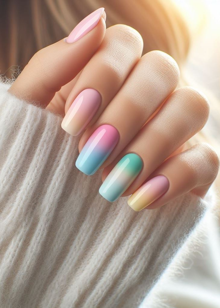 Escape the ordinary with a touch of magic! Pastel rainbow ombre nails add a playful pop of color to your look.