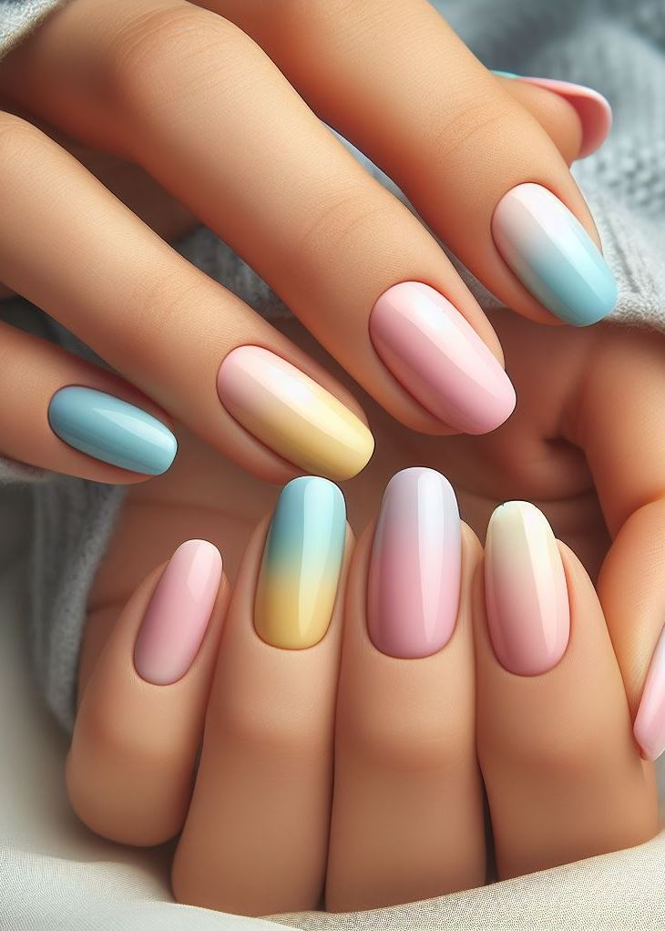 Channel your inner unicorn with a touch of softness! Pastel rainbow ombre nails are a whimsical take on a classic trend. ✨