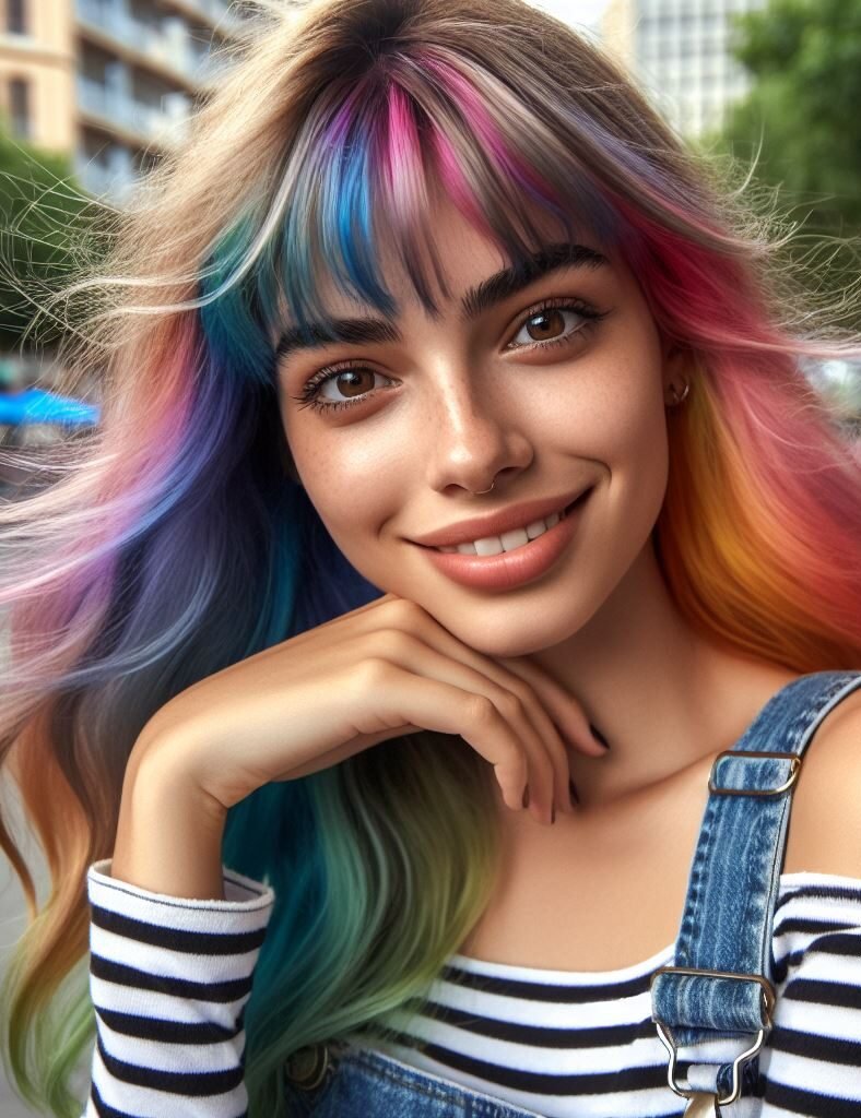 Curtain Bangs: Your Effortless Guide to 55 Stunning Styles! | Pocoko Dive into a vibrant world of color with Curtain Bangs enhancing long, wavy locks adorned with rainbow highlights. This eye-catching hairstyle exudes fun and creativity, perfect for those who love to express themselves boldly. Embrace the spectrum of possibilities with #CurtainBangs #RainbowHair #WavyHair #POCOKO