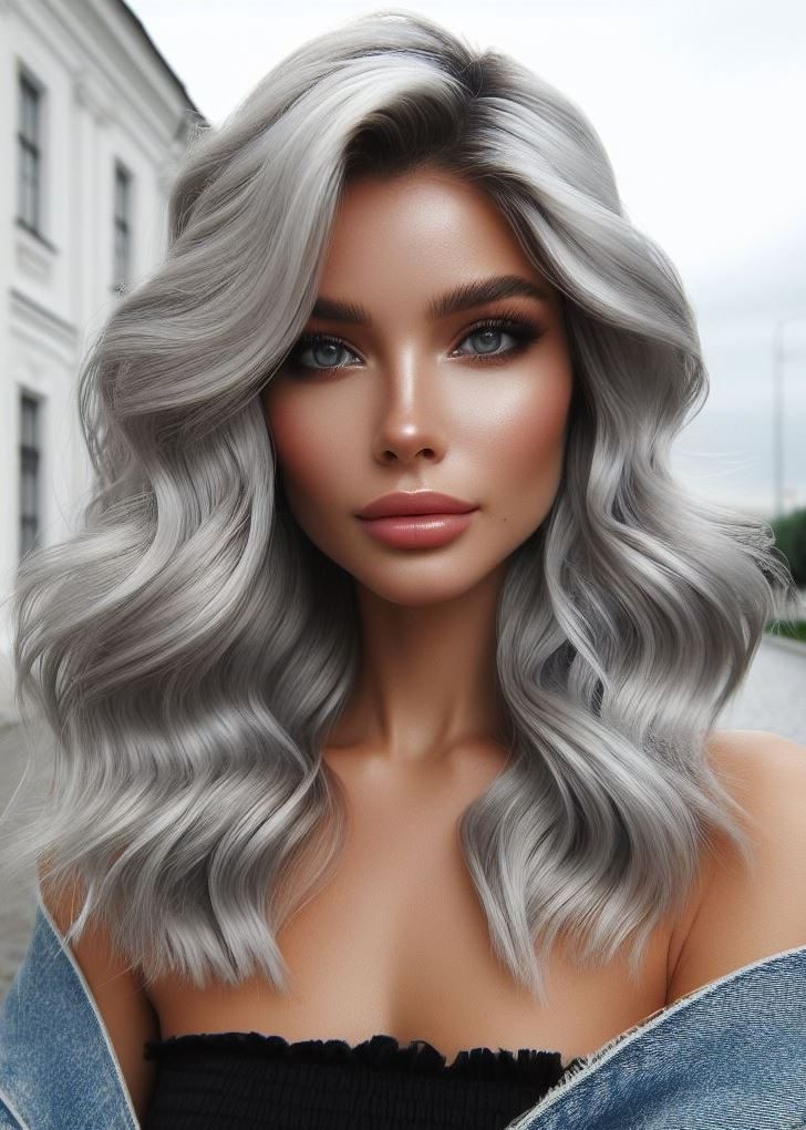 Ice queen vibes! Voluminous waves meet a stunning platinum silver shade for a glamorous medium hairstyle. #pocoko #silverhair #waves