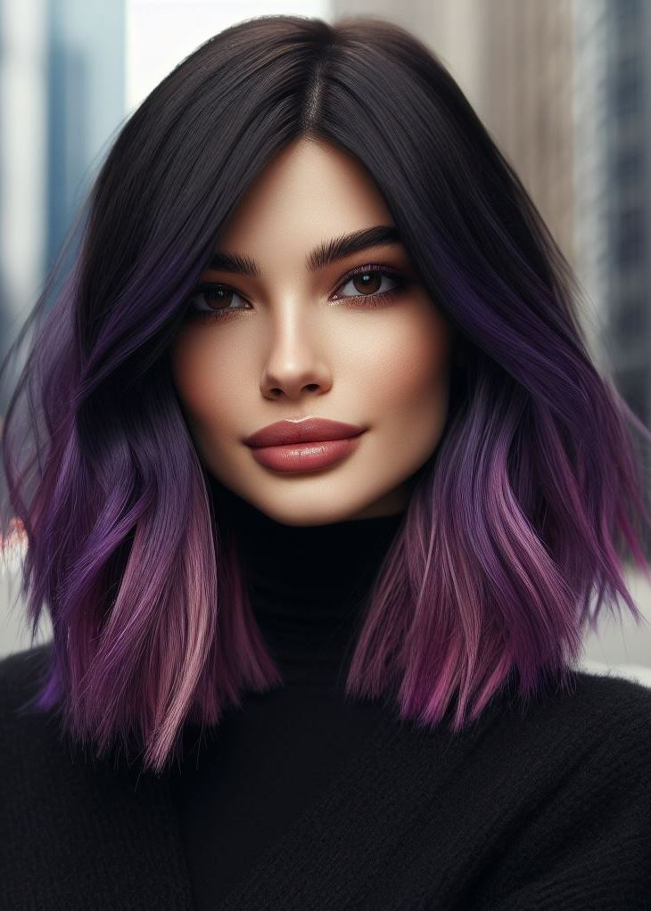 Soft & captivating! Face-framing layers highlight your features, while deep violet highlights add subtle vibrancy to medium hair. #pocoko #brunettehair #purplehighlights