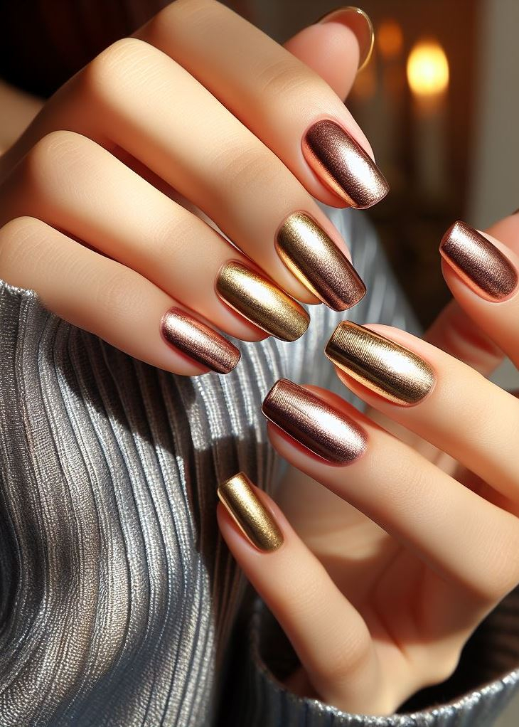 Golden goddess vibes on your fingertips! Gold to bronze gradient nails offer a touch of luxury with a warm shimmer. ✨