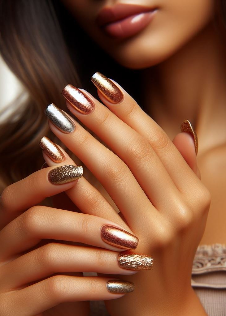 Feel like royalty with shimmering gold to bronze gradient nails. A touch of opulence for your everyday mani.