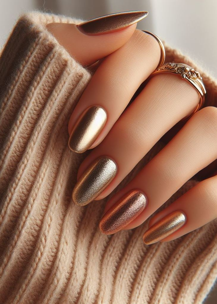 ¡Disfruta de un toque de lujo! Las uñas degradadas de oro a bronce ofrecen elegancia sin esfuerzo para cualquier ocasión.