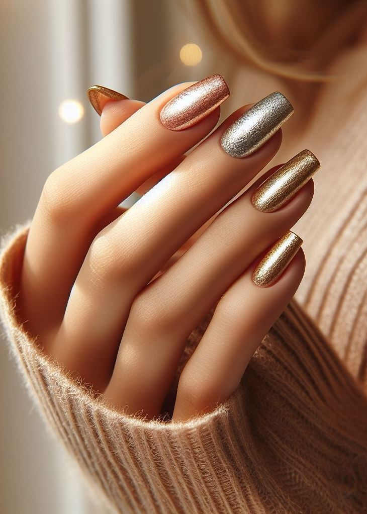 ¡No solo brilles, irradia! Las uñas degradadas de oro a bronce crean una calidez cautivadora que llama la atención.