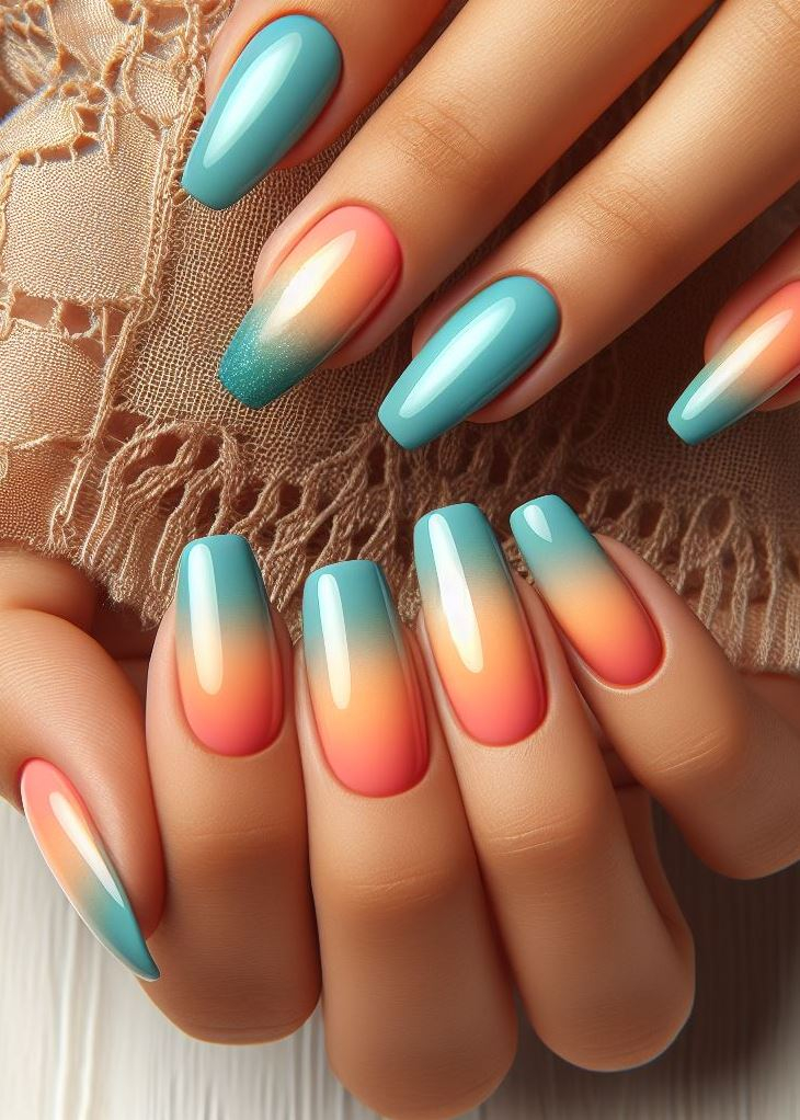 Make a splash with color! Turquoise to coral ombre nails are a vibrant and eye-catching statement manicure for summer.