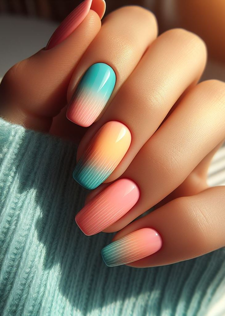 Vacay mode: activated! Turquoise to coral ombre nails evoke the carefree spirit of summer adventures. ✈️