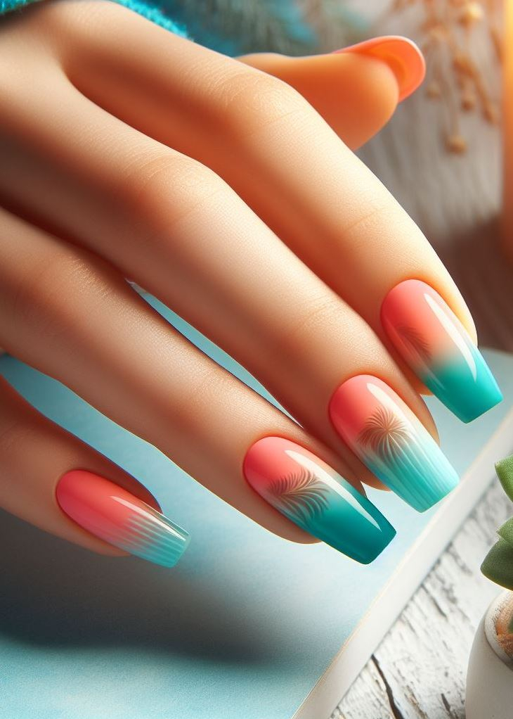 Let your nails tell a story! Turquoise to coral ombre creates a captivating gradient that reflects the beauty of a sunset.