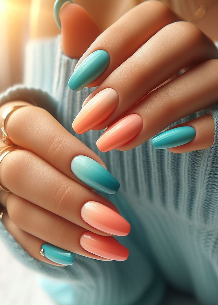 ¡Vibraciones del atardecer en tus uñas! Este ombre de turquesa a coral es la manera perfecta de agregar un toque tropical a tu look.