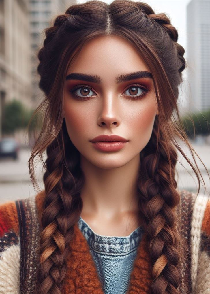 Earthy elegance! Braided hairstyles meet beautiful earthy chestnut tones for a timeless and chic look on medium hair. #pocoko #braidstyles #chestnuthair