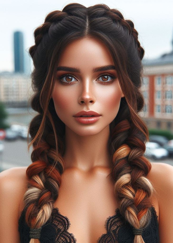 Woven beauty! Create intricate braids and enhance them with rich, earthy chestnut tones for a stunning medium hairstyle. #pocoko #hairstyle #chestnutbalayage