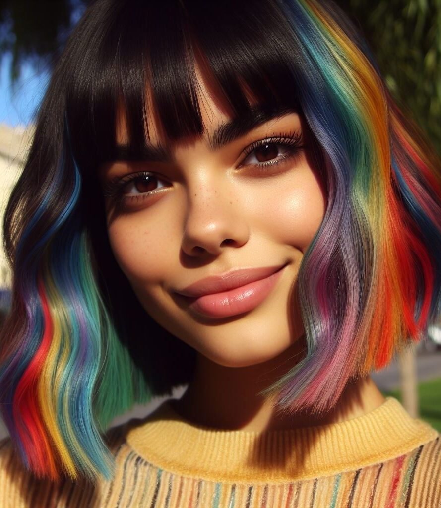 Curtain Bangs: Your Effortless Guide to 55 Stunning Styles! | Pocoko Dive into a world of vibrant color with Curtain Bangs adorning medium-length wavy locks, adorned with rainbow highlights. This playful and eye-catching hairstyle radiates joy and creativity, perfect for those who love to make a bold statement. Embrace the spectrum of possibilities with #CurtainBangs #RainbowHair #WavyHair #POCOKO