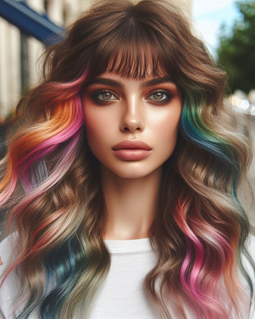 Curtain Bangs: Your Effortless Guide to 55 Stunning Styles! | Pocoko Dive into a world of vibrant hues with Curtain Bangs gracing long, brown wavy locks, adorned with rainbow highlights. This mesmerizing hairstyle combines warmth and color, creating a stunning contrast that's sure to turn heads. Embrace the spectrum of possibilities with #CurtainBangs #RainbowHighlights #WavyHair #POCOKO