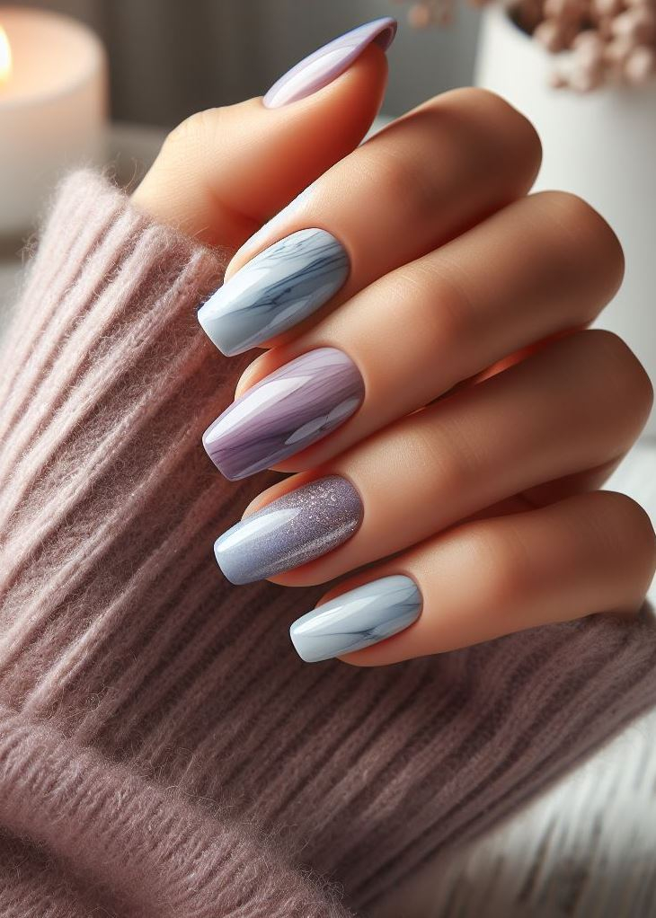 Dreamy elegance redefined! Grey to lavender ombre with marble creates a soft and sophisticated look. ✨