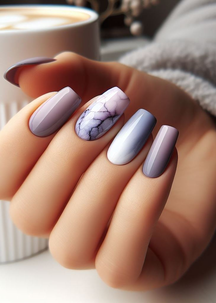 Escape the ordinary with a mesmerizing grey to lavender marble ombre! These calming colors create a serene look.